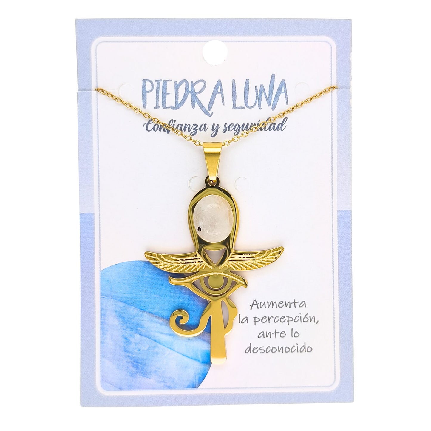 Collar Cruz Ankh Egipcia y Ojo de Horus de Acero Inoxidable Dorado con Piedra Luna grande