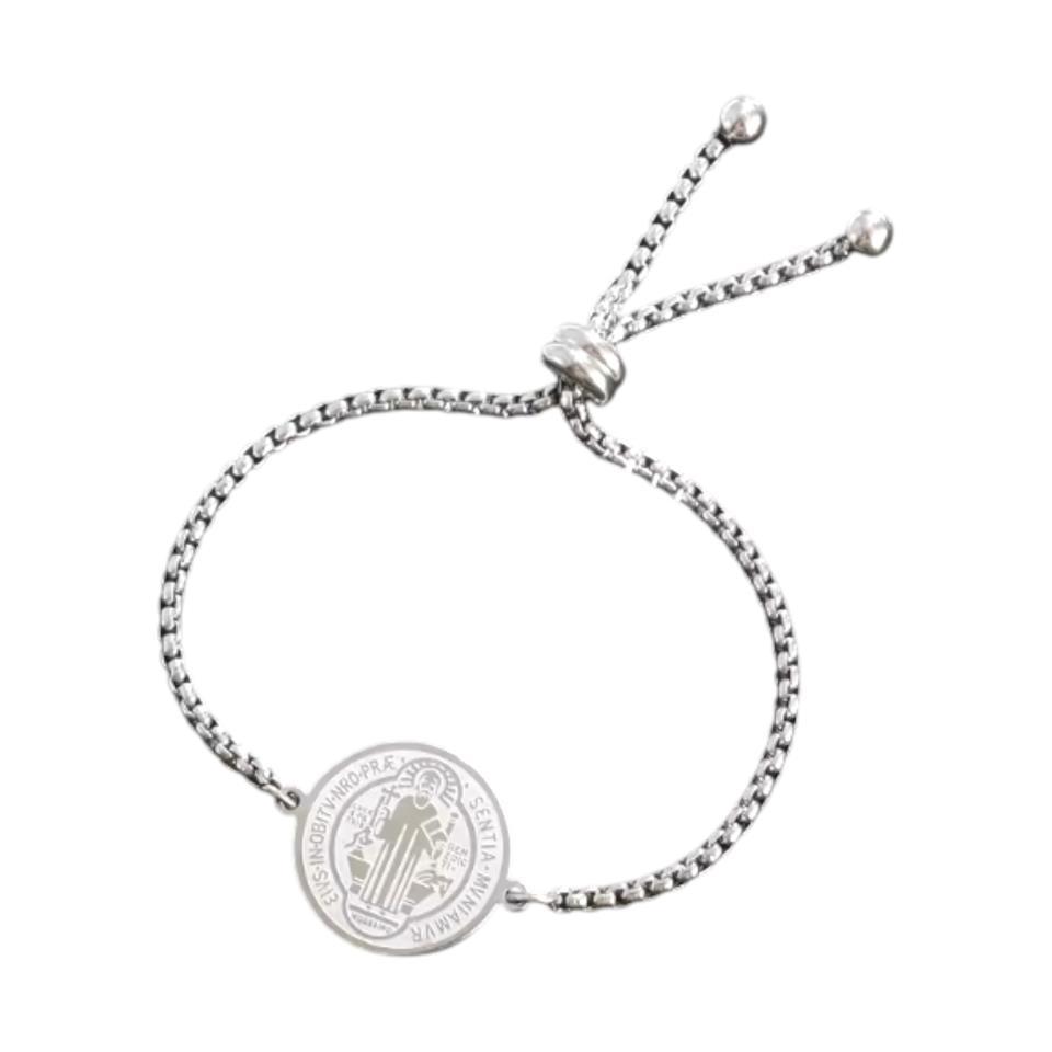 Pulsera Medalla de San Benito de acero Plateado -6