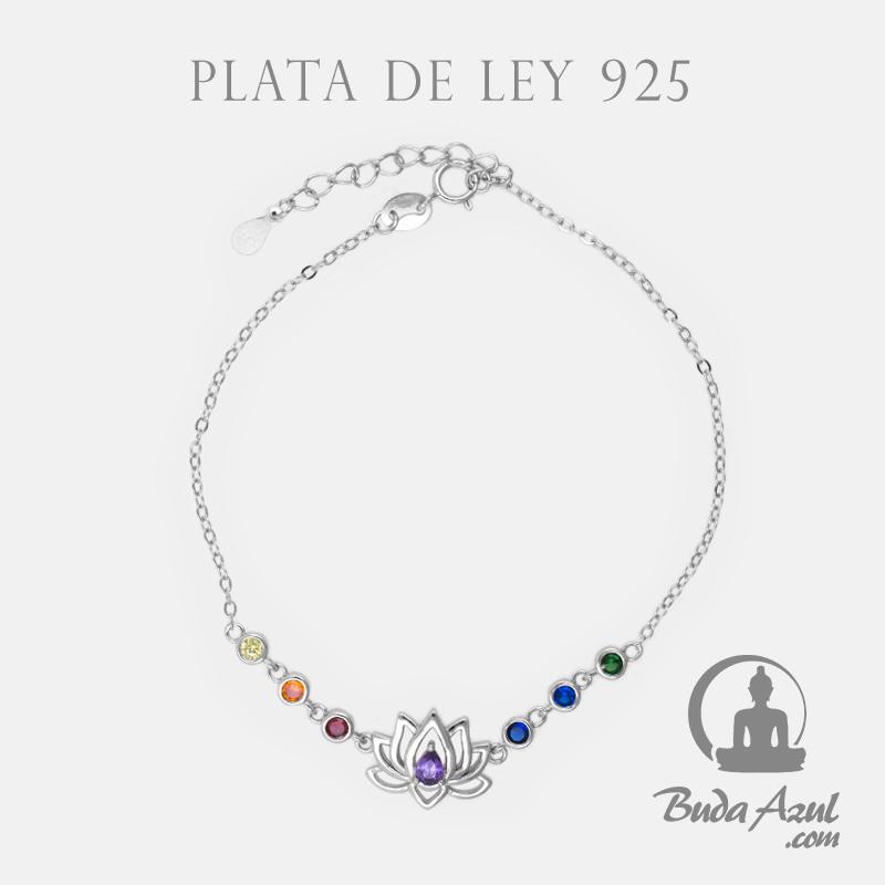 Pulsera Plata FLOR LOTO CIRCONITAS COLORES  1090