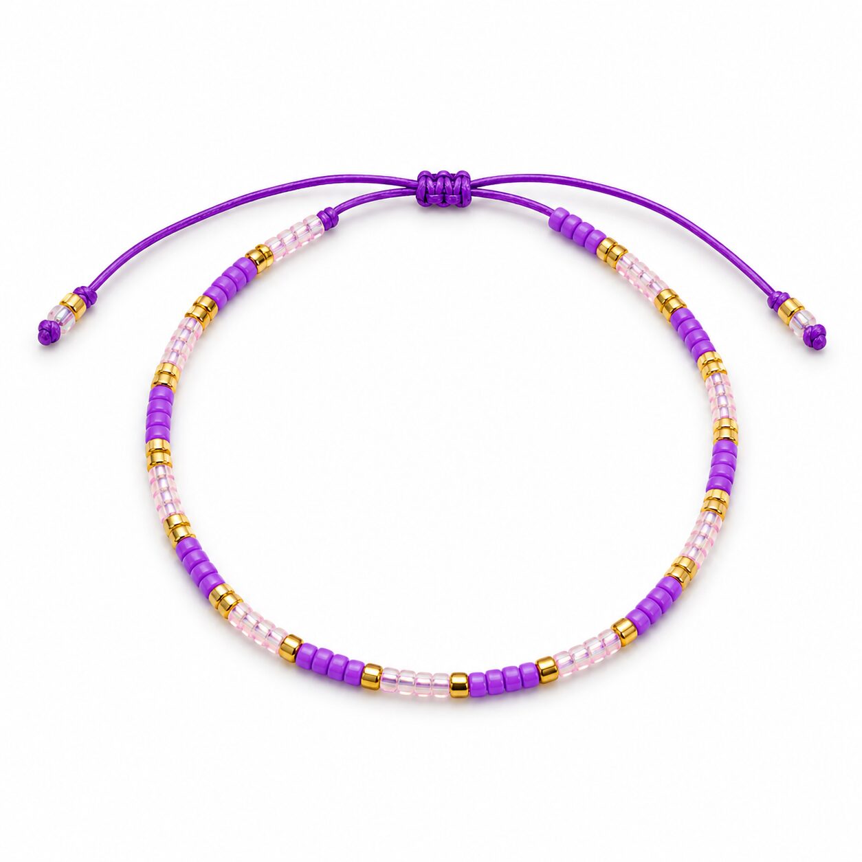Pulsera Ajustable de Cuentas Violetas y Rosa Cristal con Detalles Dorados