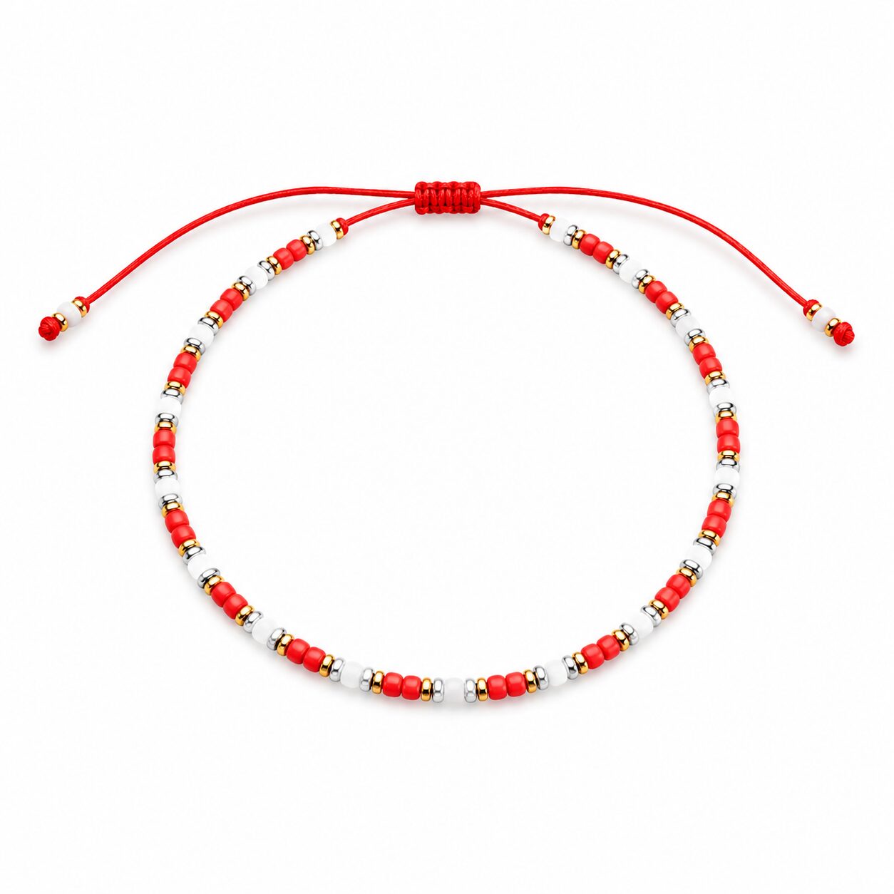 Pulsera Ajustable de Cuentas Rojas y Blancas con Detalles Metálicos