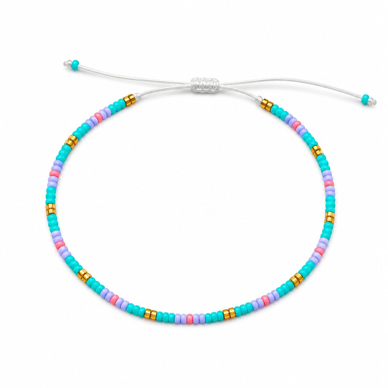 Pulsera Ajustable de Cuentas Turquesa, Lila y Rosa con Detalles Dorados