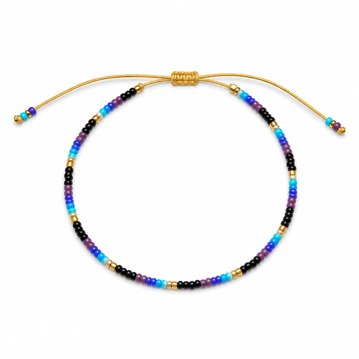 Pulsera Ajustable de Cuentas Negro, Azul y Morado con Detalles Dorados