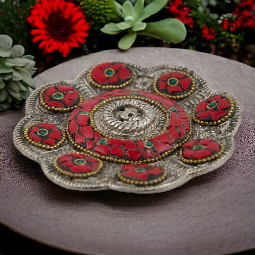 QUEMADOR INCIENSO-CONO METAL LABRADO FLOR 10CM DIÁMETRO - ROJO