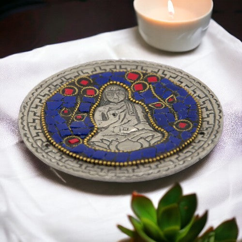 QUEMADOR INCIENSO METAL LABRADO BUDA 9,5 CM DIÁMETRO - AZUL