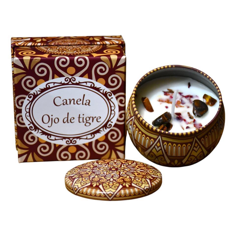 Vela Soja lata Grande aroma Canela con Ojo de Tigre