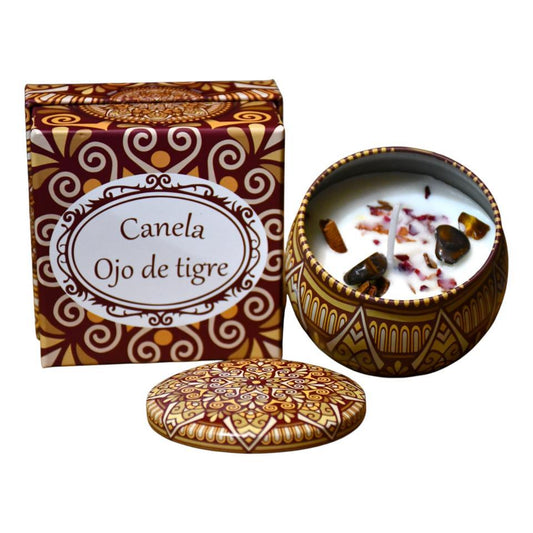 Vela Soja lata Grande aroma Canela con Ojo de Tigre