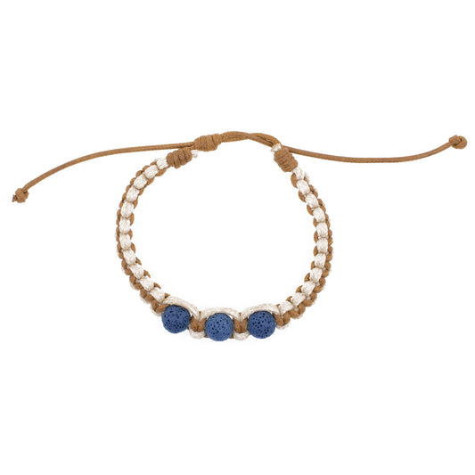 PULSERA MACRAMÉ BEIGE-CAMEL CON 3 BOLAS DE LAVA