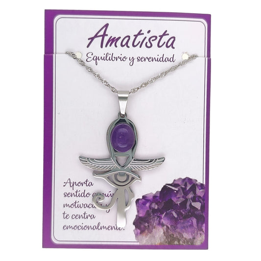Collar Cruz Ankh Egipcia y Ojo de Horus de Acero Inoxidable Plateado con Amatista grande