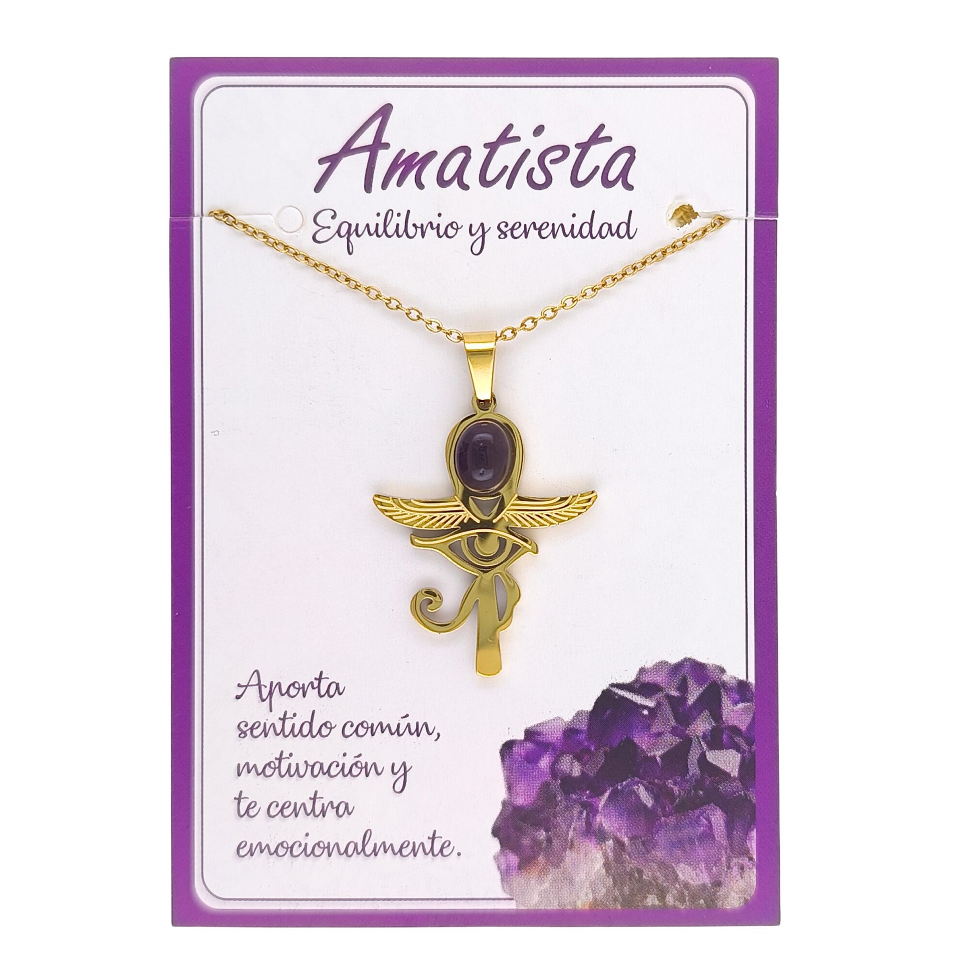 Collar Cruz Ankh Egipcia y Ojo de Horus de Acero Inoxidable Dorado con Amatista pequeña
