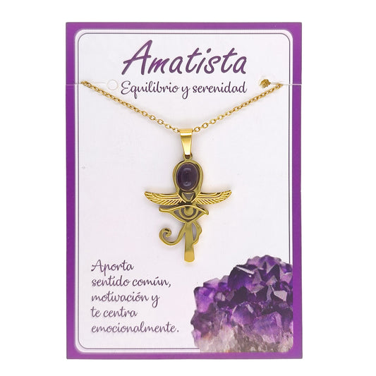 Collar Cruz Ankh Egipcia y Ojo de Horus de Acero Inoxidable Dorado con Amatista pequeña