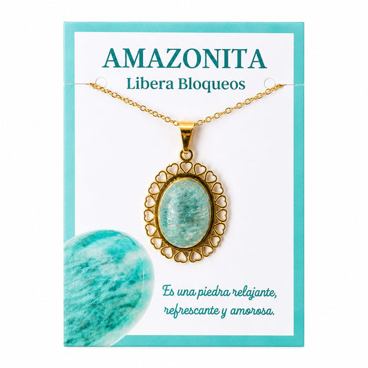 Collar de Amazonita con Colgante de Corazones de Acero Inoxidable Dorado