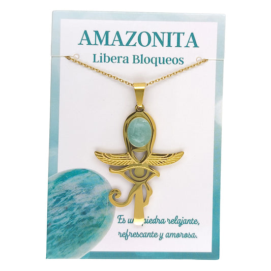 Collar Cruz Ankh Egipcia y Ojo de Horus de Acero Inoxidable Dorado con Amazonita grande