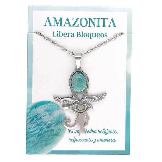 Collar Cruz Ankh Egipcia y Ojo de Horus de Acero Inoxidable Plateado con Amazonita grande