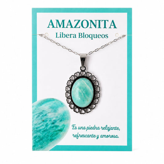 Collar de Amazonita con Colgante de Corazones de Acero Inoxidable Plateado