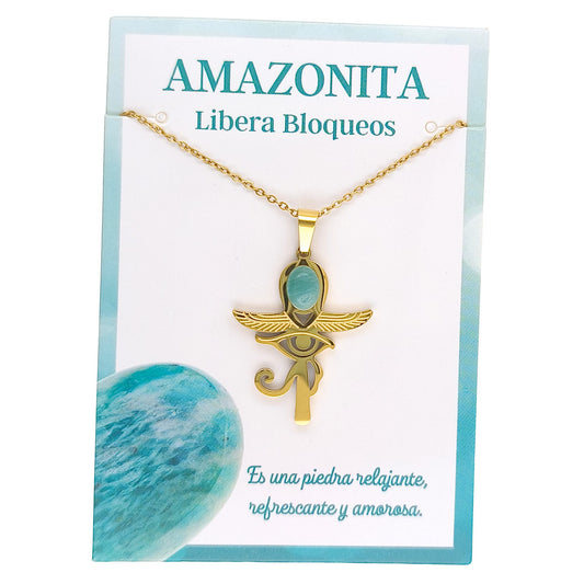 Collar Cruz Ankh Egipcia y Ojo de Horus de Acero Inoxidable Dorado con Amazonita pequeña