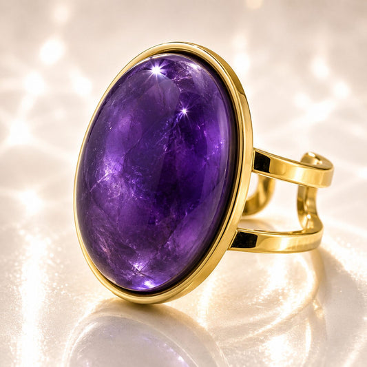 Anillo mineral Ajustable de Acero Inoxidable dorado con Amatista