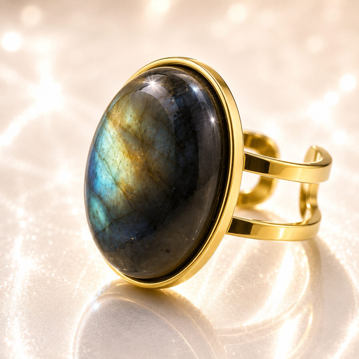 Anillo mineral Ajustable de Acero Inoxidable dorado con Labradorita
