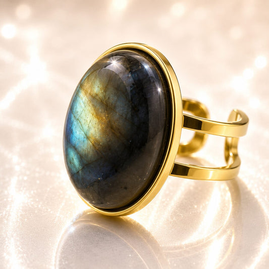 Anillo mineral Ajustable de Acero Inoxidable dorado con Labradorita