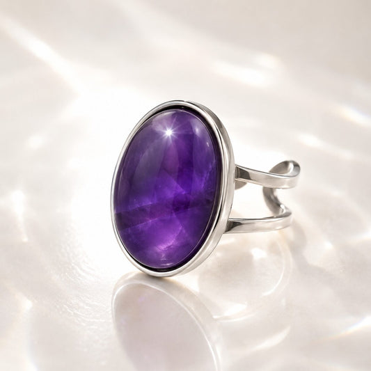 Anillo mineral Ajustable de Acero Inoxidable plateado con Amatista