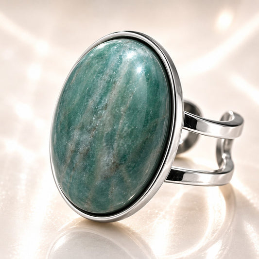 Anillo mineral Ajustable de Acero Inoxidable plateado con Amazonita