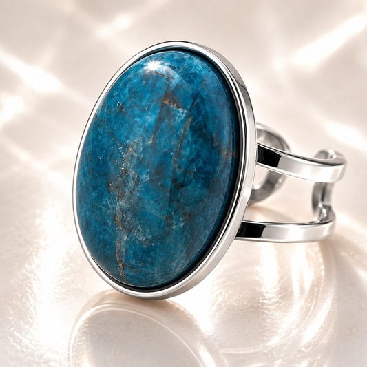 Anillo mineral Ajustable de Acero Inoxidable plateado con Apatita