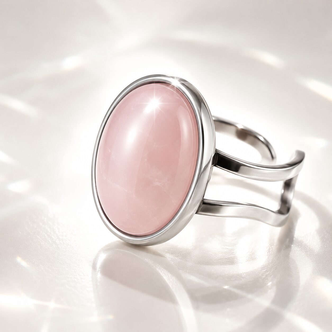 Anillo mineral Ajustable de Acero Inoxidable plateado con Cuarzo Rosa