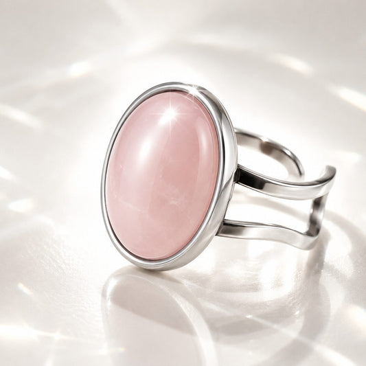 Anillo mineral Ajustable de Acero Inoxidable plateado con Cuarzo Rosa