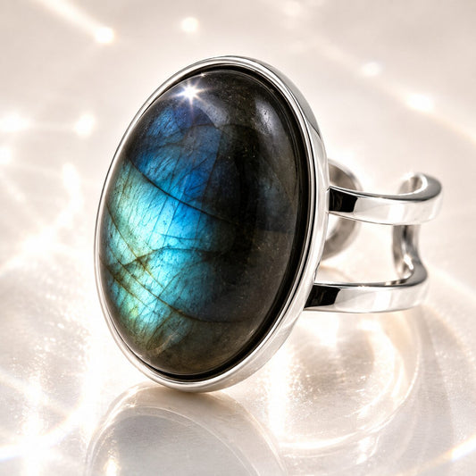 Anillo mineral Ajustable de Acero Inoxidable plateado con Labradorita