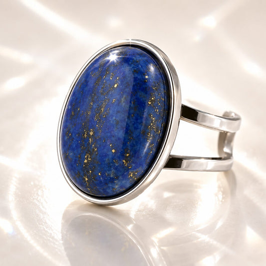 Anillo mineral Ajustable de Acero Inoxidable plateado con Lapislázuli