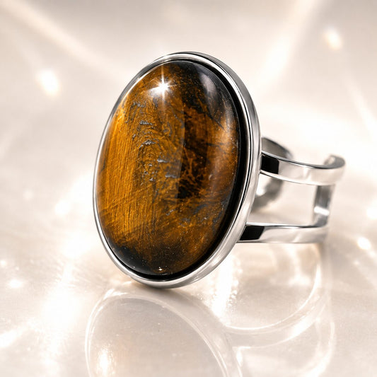 Anillo mineral Ajustable de Acero Inoxidable plateado con Ojo de Tigre