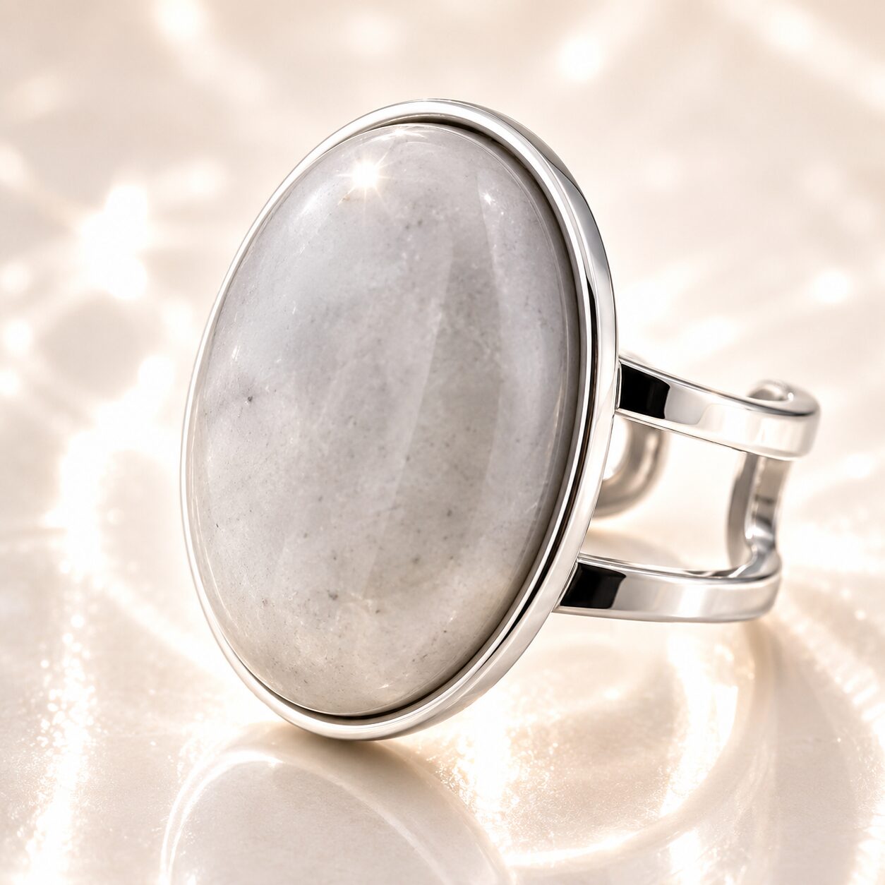 Anillo mineral Ajustable de Acero Inoxidable plateado con Piedra Luna