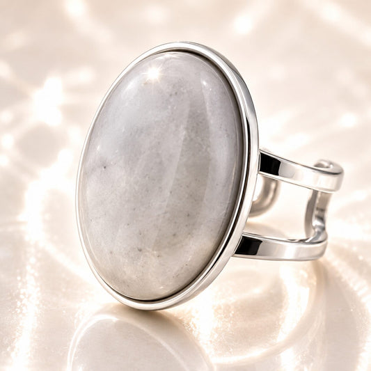 Anillo mineral Ajustable de Acero Inoxidable plateado con Piedra Luna