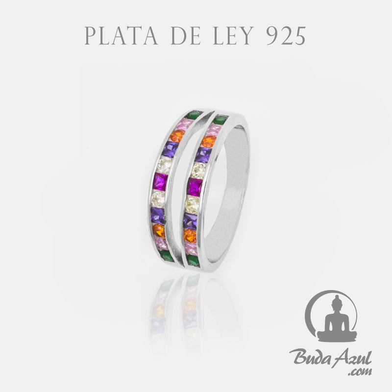 Anillo Plata de Ley 925 DOBLE LAZO CIRCONITAS COLORES REF. 990