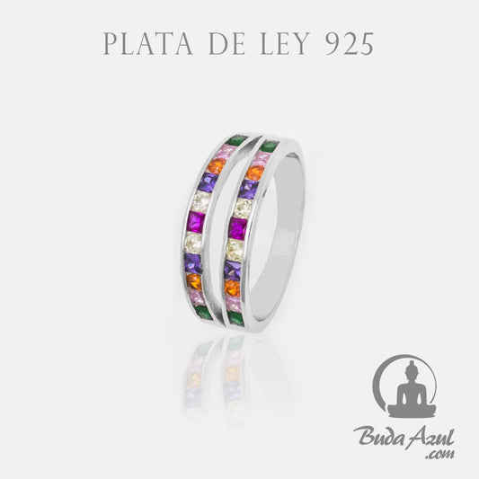 Anillo Plata de Ley 925 DOBLE LAZO CIRCONITAS COLORES REF. 990