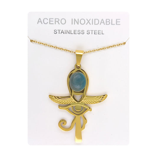 Collar Cruz Ankh Egipcia y Ojo de Horus de Acero Inoxidable Dorado con Apatita grande