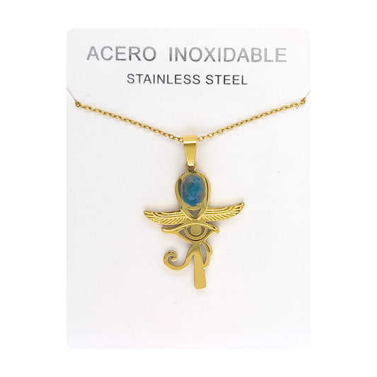 Collar Cruz Ankh Egipcia y Ojo de Horus de Acero Inoxidable Dorado con Apatita pequeña