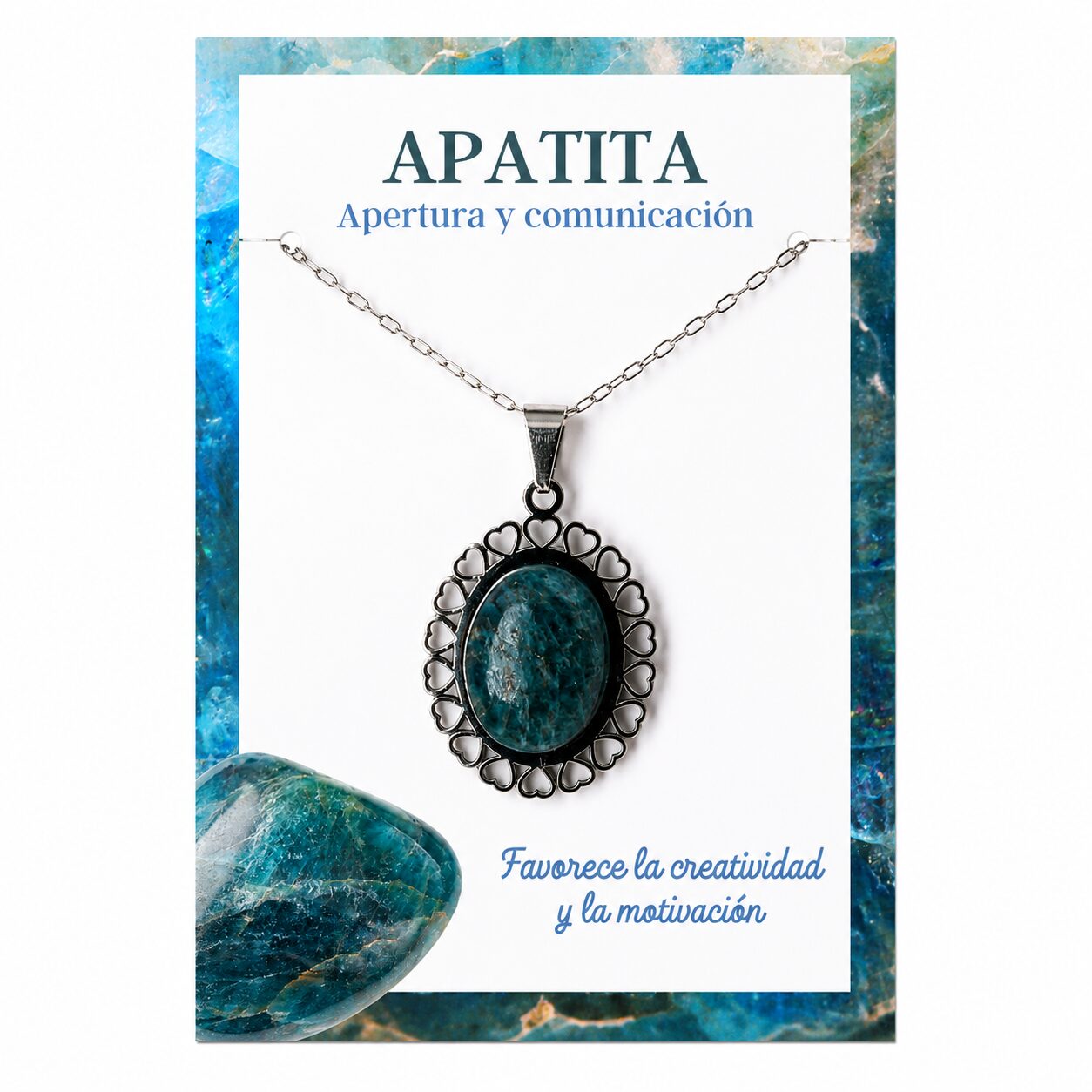 Collar de Apatita con Colgante de Corazones de Acero Inoxidable Plateado