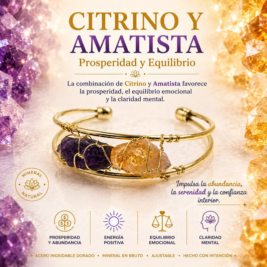 Brazalete de Citrino y Amatista en Bruto de Acero Inoxidable Dorado