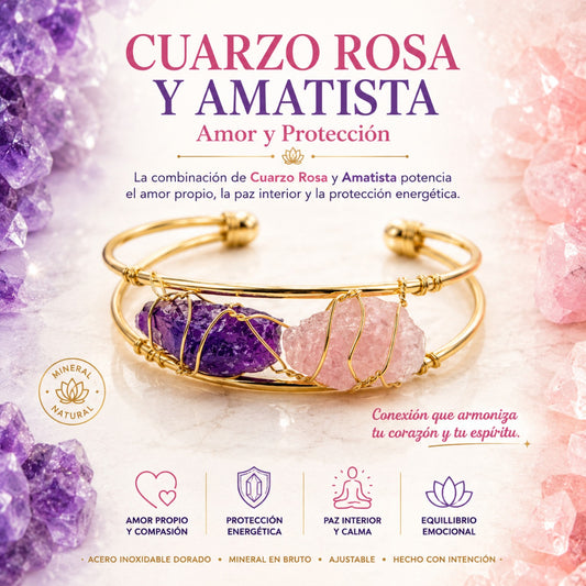 Brazalete de Cuarzo Rosa y Amatista en Bruto de Acero Inoxidable Dorado