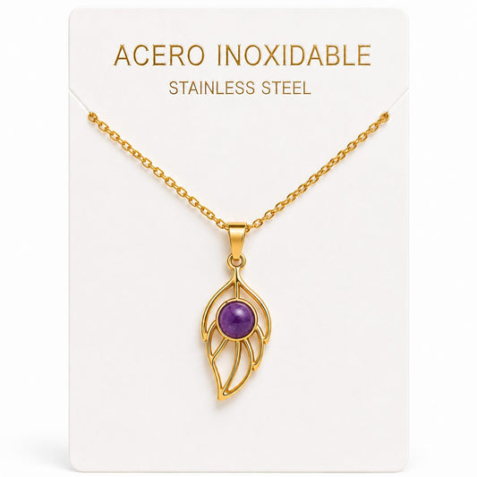 Collar Hoja de Acero Inoxidable Dorado con Amatista