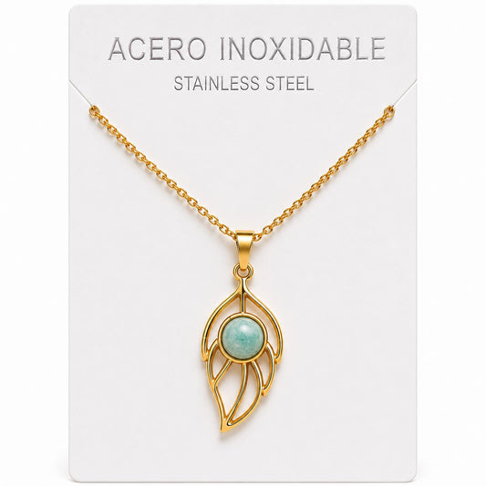 Collar Hoja de Acero Inoxidable Dorado con Amazonita
