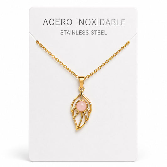 Collar Hoja de Acero Inoxidable Dorado con Cuarzo Rosa