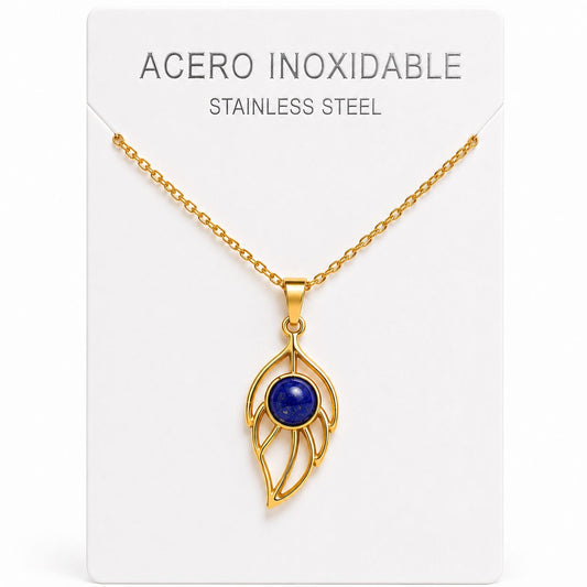 Collar Hoja de Acero Inoxidable Dorado con Lapislázuli