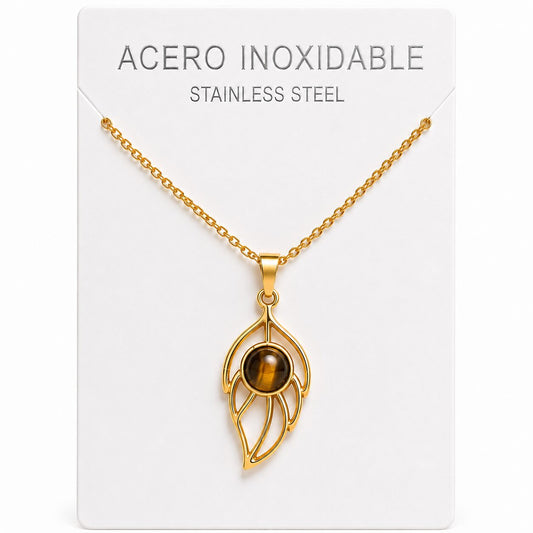 Collar Hoja de Acero Inoxidable Dorado con Ojo de Tigre