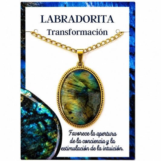 Collar Ovalado de Acero Inoxidable Dorado con Labradorita grande