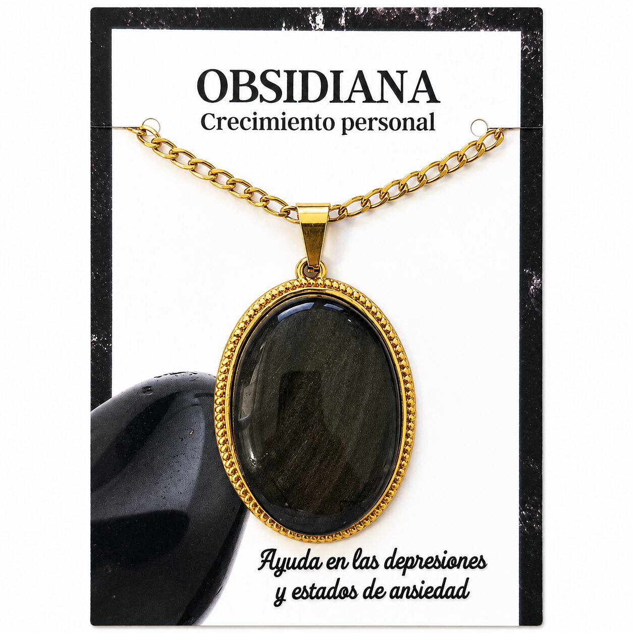 Collar Ovalado de Acero Inoxidable Dorado con Obsidiana grande