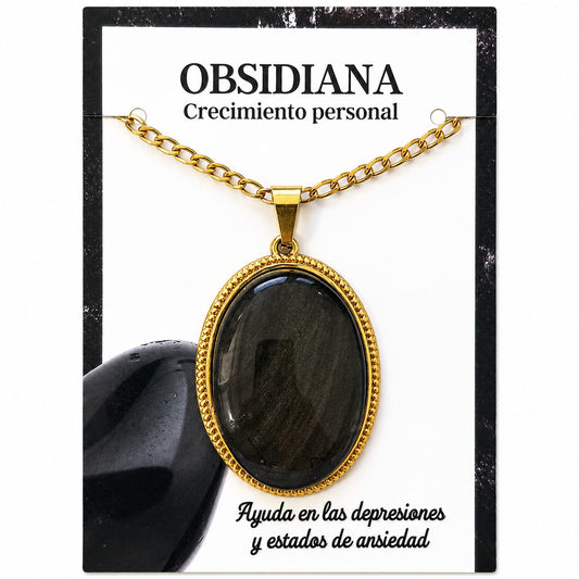 Collar Ovalado de Acero Inoxidable Dorado con Obsidiana grande