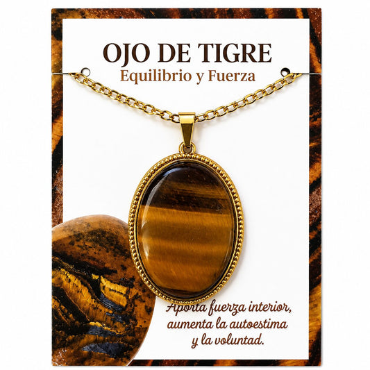Collar Ovalado de Acero Inoxidable Dorado con Ojo de Tigre