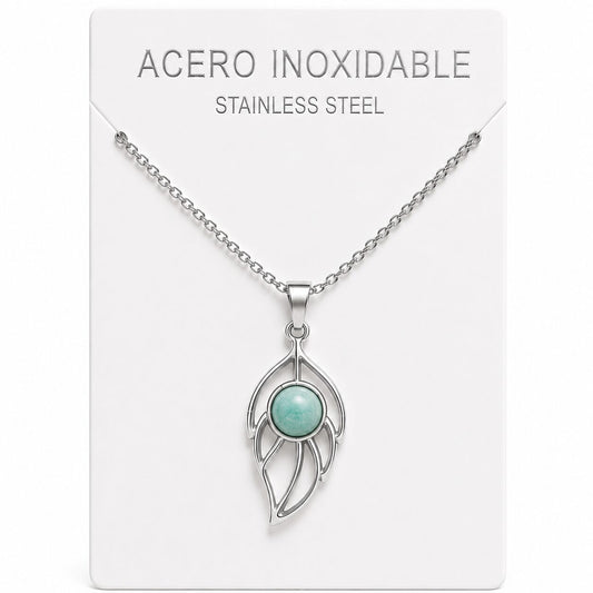 Collar Hoja de Acero Inoxidable Plateado con Amazonita
